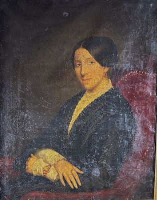 tableau représentant une femme assise sur une chaise rouge, la main posée sur l'accoudoir