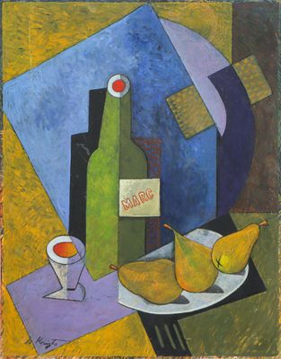painting of a still life with a bottle of wine and pears on a table