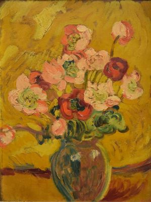 painting of a vase of flowers on a table with a yellow background