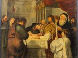 an image of a painting of a group of people gathered around a table