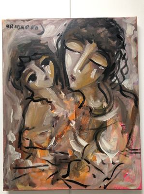 une peinture à l'huile représentant une femme tenant un enfant dans ses bras