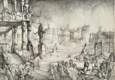 un dessin représentant une foule de personnes marchant dans une rue