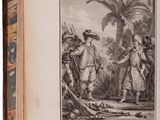 an old book with a picture of a man and a woman standing in front of a palm tree
