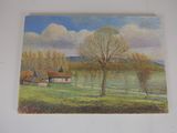 a picture of a painting of a farm in the country