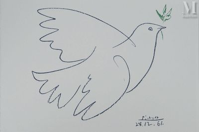 dessin représentant une colombe blanche tenant une brindille verte dans son bec