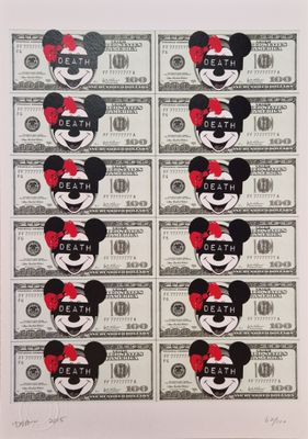 autocollants représentant Mickey et Minnie Mouse sur un billet d'un dollar