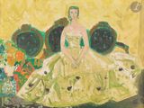 une image représentant un tableau où l'on voit une femme en robe, assise sur un canapé