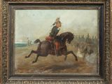 une peinture à l'huile représentant un homme à cheval sur une plage