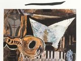 painting of a man playing a guitar in front of a painting of a guitar