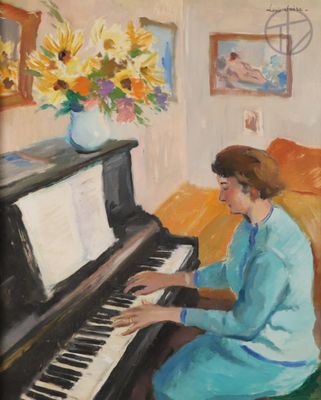 tableau représentant une femme assise au piano dans un salon