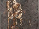 an oil painting of a man sitting in a chair smoking a cigarette