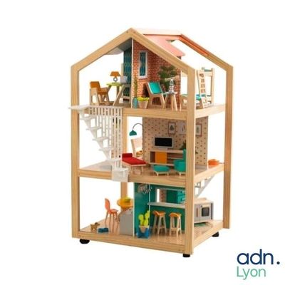 a wooden doll house with a kitchen and living room