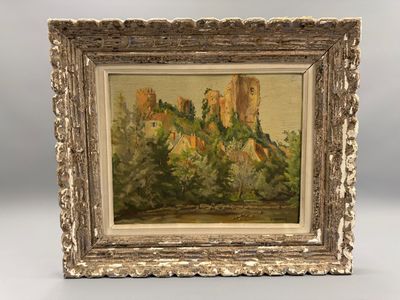 une peinture à l'huile représentant un château au loin, avec des arbres au premier plan
