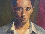 an oil painting of a man in a white shirt looking at the camera