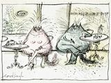 drawing of two cats sitting at a table with a plate of food in front of them
