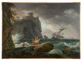 an image of a painting of a man and a woman sitting on a rock in the ocean