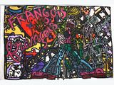 painting of a woman walking down a street with graffiti on the wall