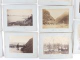 several old black and white photos of a man walking across a river