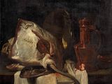 painting of a still life with a dead fish and a pitcher