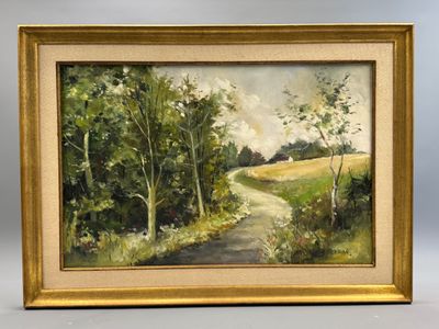 un tableau représentant une route de campagne avec des arbres au loin