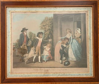 tableau représentant une réunion de famille dans un décor champêtre, avec un chien