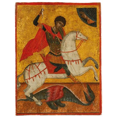 un tableau représentant un homme chevauchant un cheval blanc