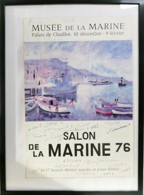 painting of boats in a harbor on display in a black frame