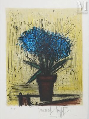 peinture représentant des fleurs bleues dans un pot marron sur fond jaune