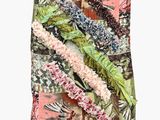 a close up of a multicolored blanket on a white background