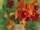a painting of flowers in a vase on a table