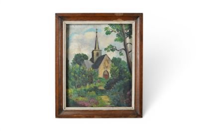 a painting of a church with a steeple in the background