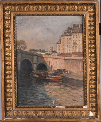 peinture représentant un pont au-dessus d'un plan d'eau sur lequel se trouve un bateau