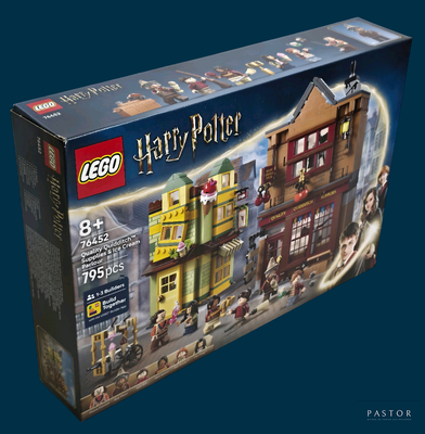 une boîte de Lego représentant la maison d'Harry Potter sur fond bleu