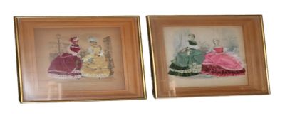 two framed pictures of women in dresses are displayed in a wooden frame