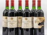six bottles of red wine are lined up in a row