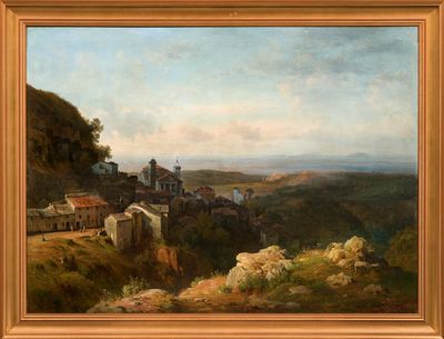 une peinture à l'huile représentant la vue d'un village situé sur une colline