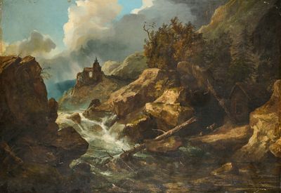 tableau représentant une rivière rocailleuse avec un château au loin
