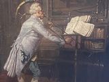 a painting of a man that is playing the piano