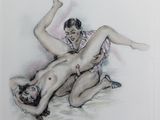 a drawing of a woman and a man laying on the ground