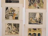 several pictures of people and animals are hanging on a wall