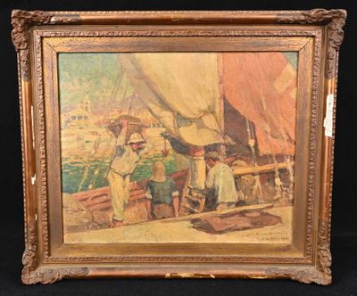 un vieux tableau représentant un homme et deux enfants sur un bateau