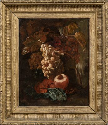 tableau représentant une nature morte composée de fruits et de fleurs, dans un cadre doré