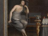 tableau représentant une femme assise sur une chaise près d'une table sur laquelle se trouve un verre de vin