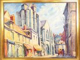 an oil painting of a street scene with buildings and a horse drawn carriage