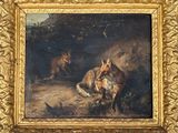 une peinture à l'huile représentant deux renards dans un décor boisé