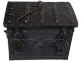 a metal box with a lock and a key on it