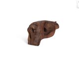 wooden sculpture of a dog ' s head on a white background
