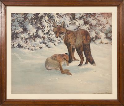 an oil painting of two foxes in the snow with trees in the background