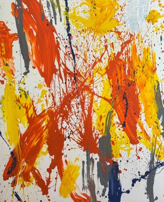an abstract painting of orange and yellow paint on a white background