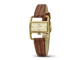 une photo d'une montre en or avec un bracelet en cuir marron